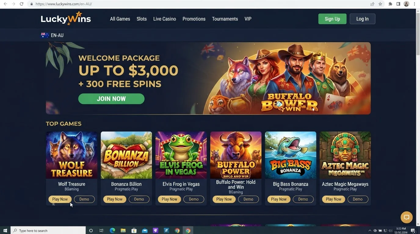 LuckyWins Australia-localized homepage