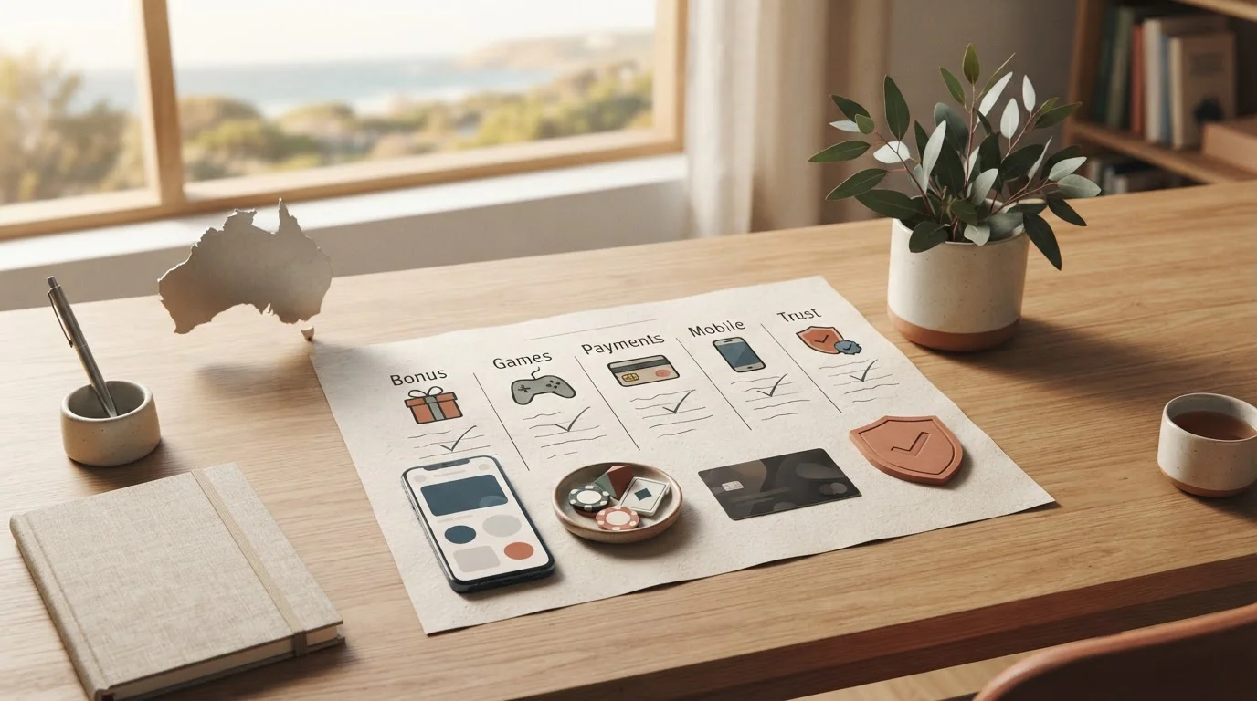 LuckyWins decision checklist covering bonus, games, payments, mobile access and trust