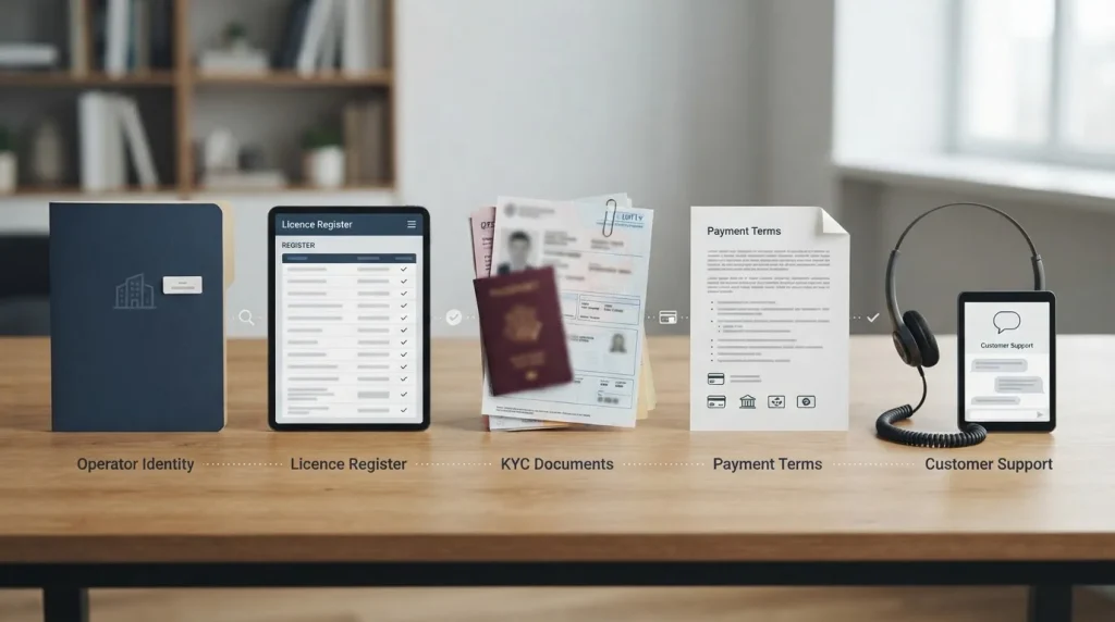 Casino trust checklist covering operator, licence, KYC rules, payment terms and support