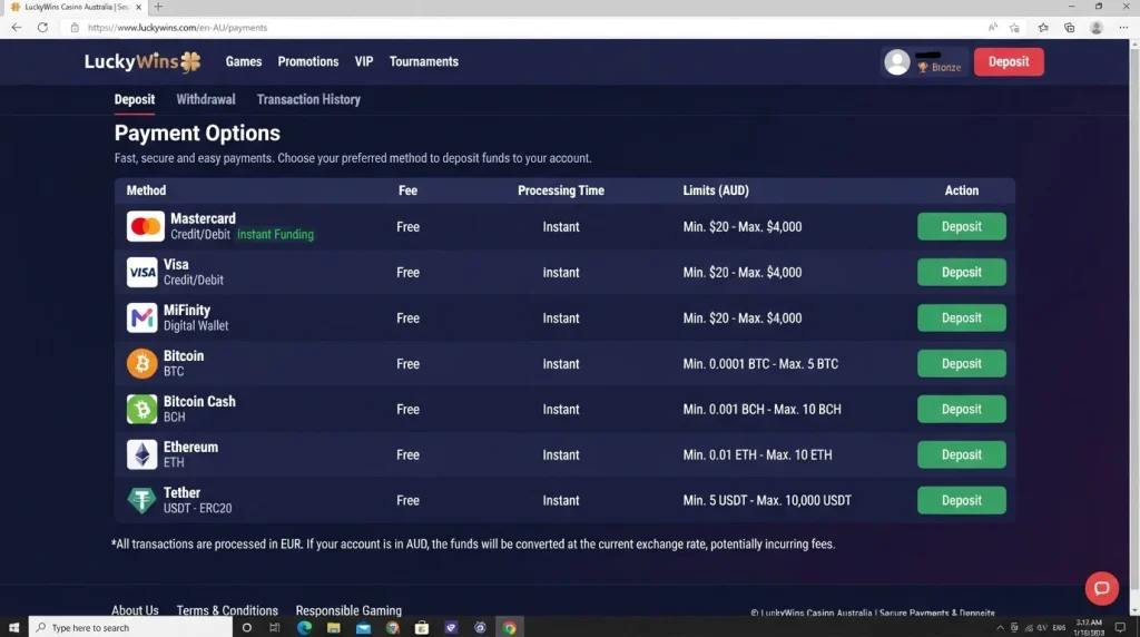 LuckyWins AU payments table with Australian dollar deposit rows
