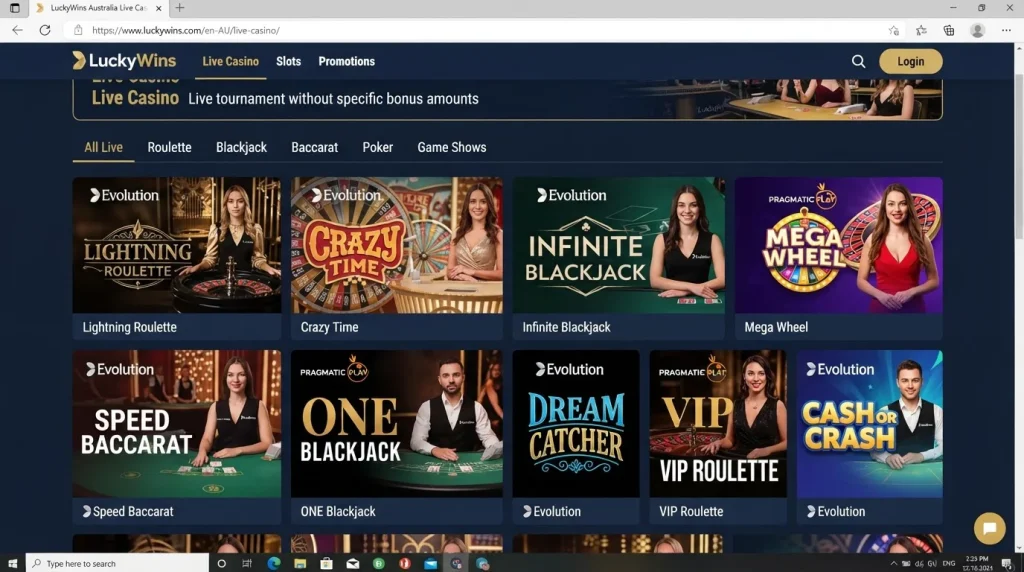 LuckyWins Australia live casino interface with dealer-game categories