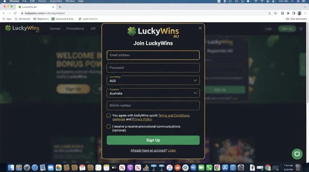 LuckyWins Australia registration and login interface before account submission