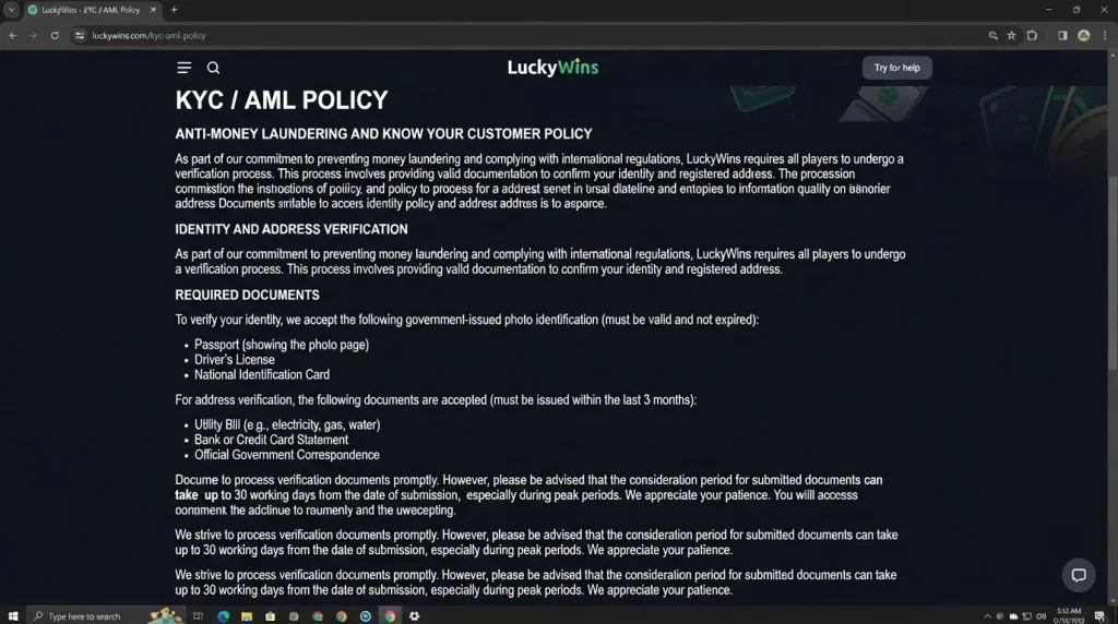 LuckyWins KYC AML policy showing identity, address and verification requirements
