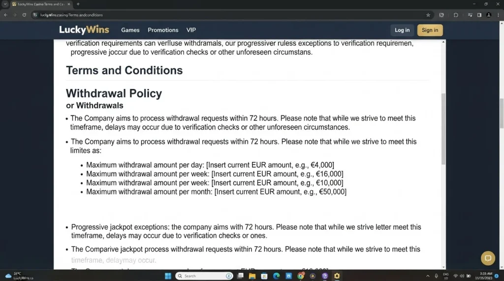 LuckyWins withdrawal terms showing processing targets and withdrawal frequency limits
