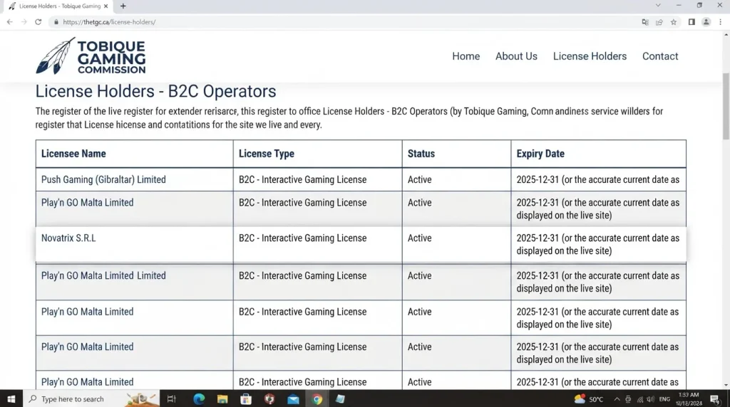 Tobique Gaming Commission licence holder register showing Novatrix SRL as a B2C holder
